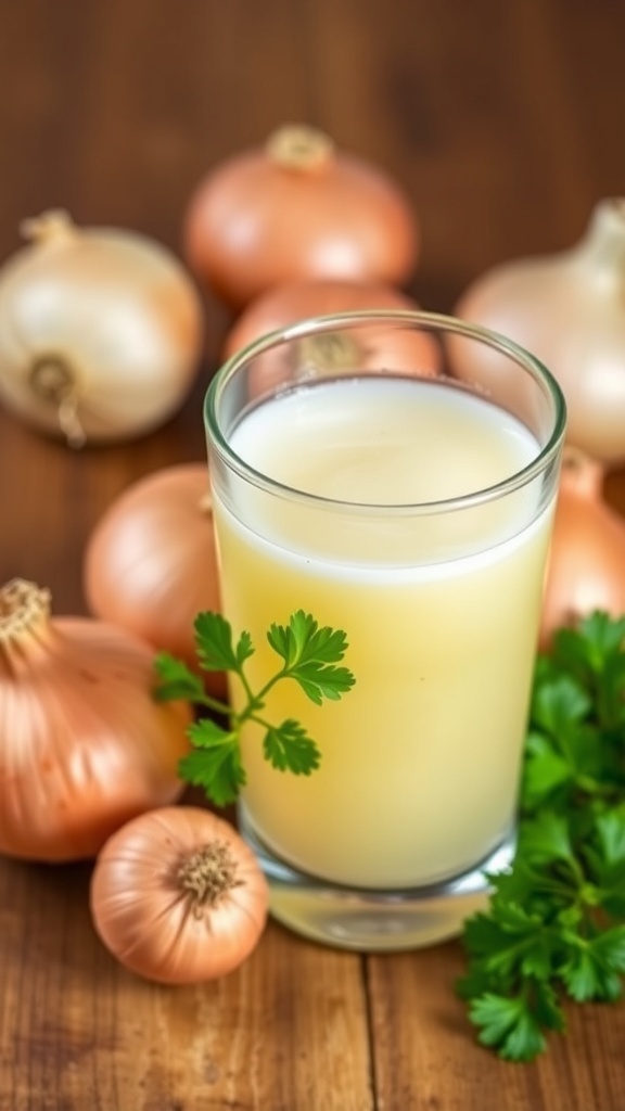 A glass of onion juice with whole onions and parsley on a wooden table.